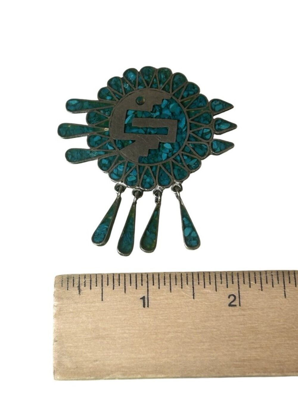 VTG TURQUOISE INLAY HECHO EN 925 ACE MEXICO STERLING SILVER BROOCH PENDANT - Picture 5 of 8